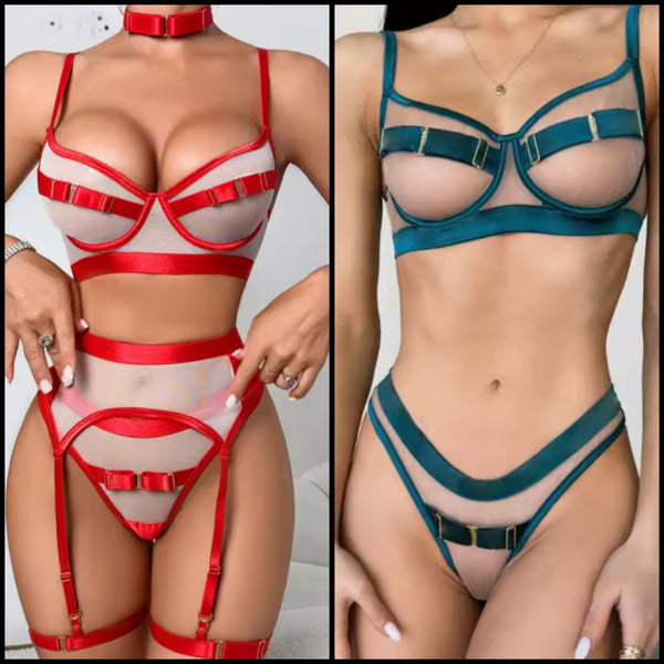 Women Sexy Color Mesh Choker Lingerie Set