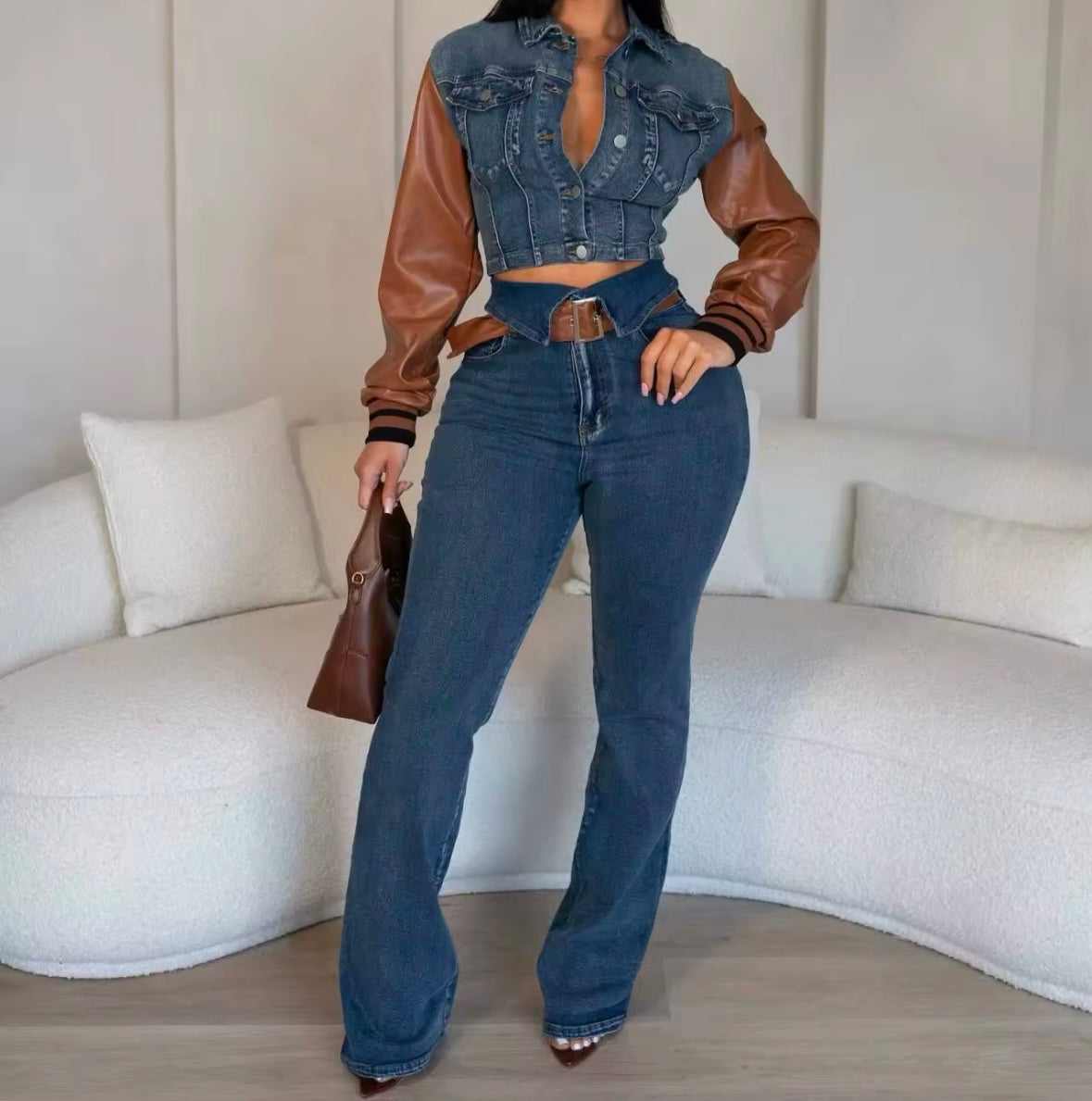 Women Fashion Faux Leather Patchwork Denim Two Piece Pant Set