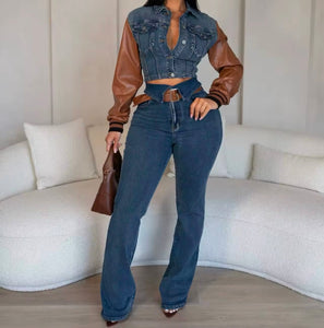 Women Fashion Faux Leather Patchwork Denim Two Piece Pant Set