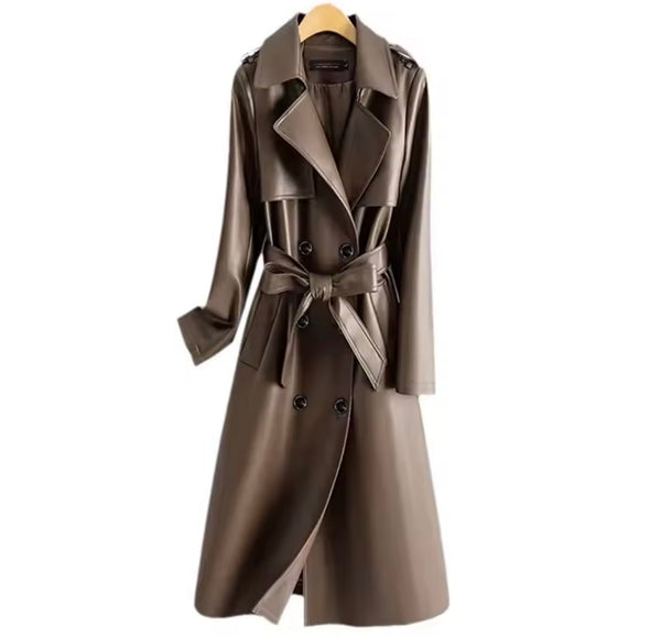 Women Color Fashion Faux Leather Trench Jacket