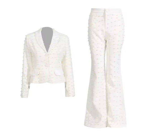 Women Solid Color Beaded Pearl Blazer Two Piece Pant Set