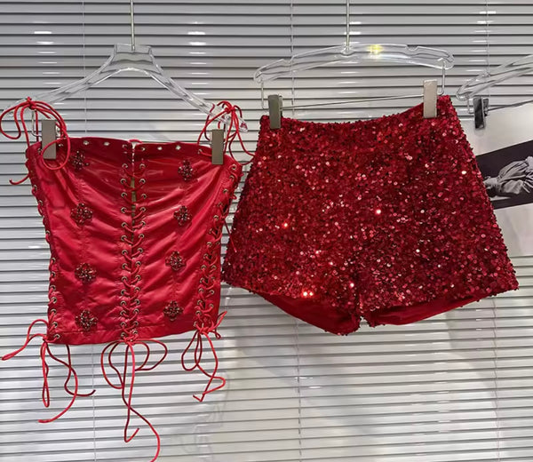 Women Sexy Strapless Sequins Corset Two Piece Short Set