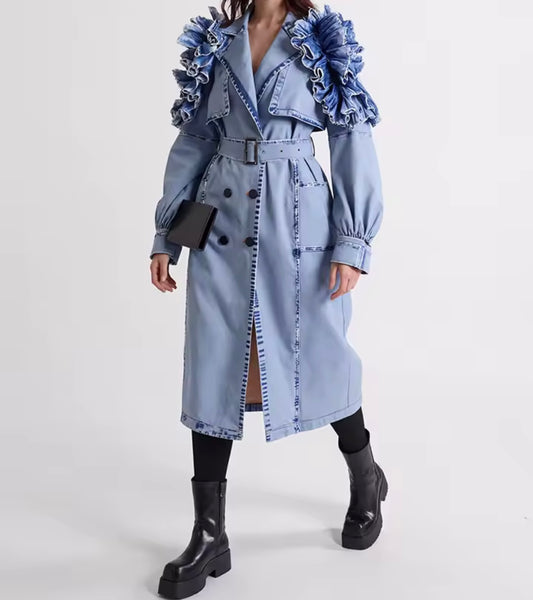 Women Fashion Blue Ruffled Denim Trench Jacket