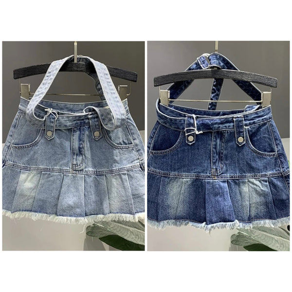 Women Fashion Fringe Pleated Denim Skirt