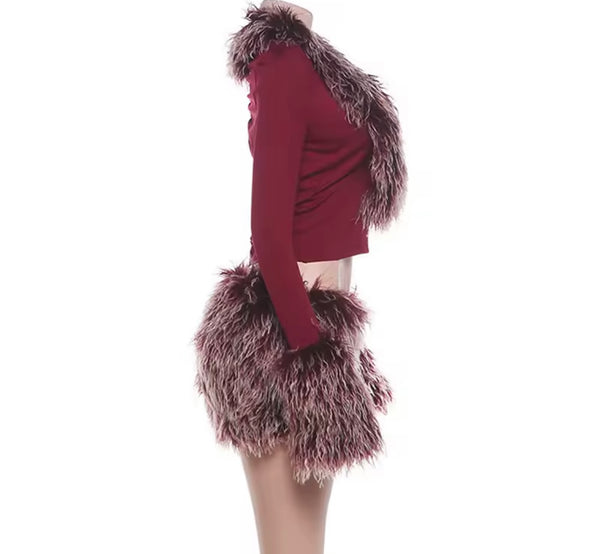 Women Sexy Faux Fur Full Sleeve Two Piece Short Skirt Set