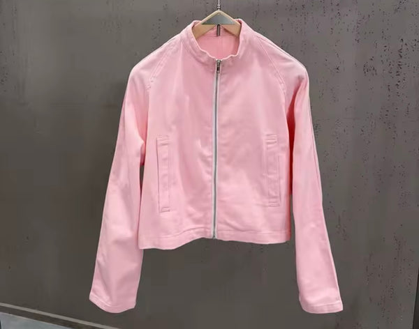 Women Pink Zip Up Jacket Fashion Three Piece Pant Set