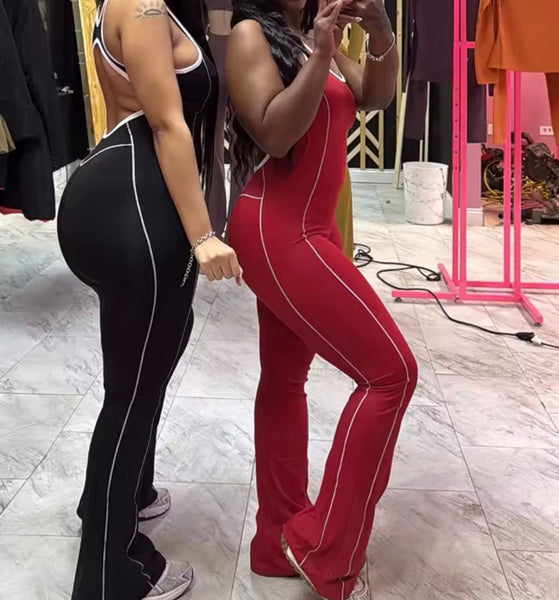Women Sleeveless Striped Color Open Back Fashion Jumpsuit