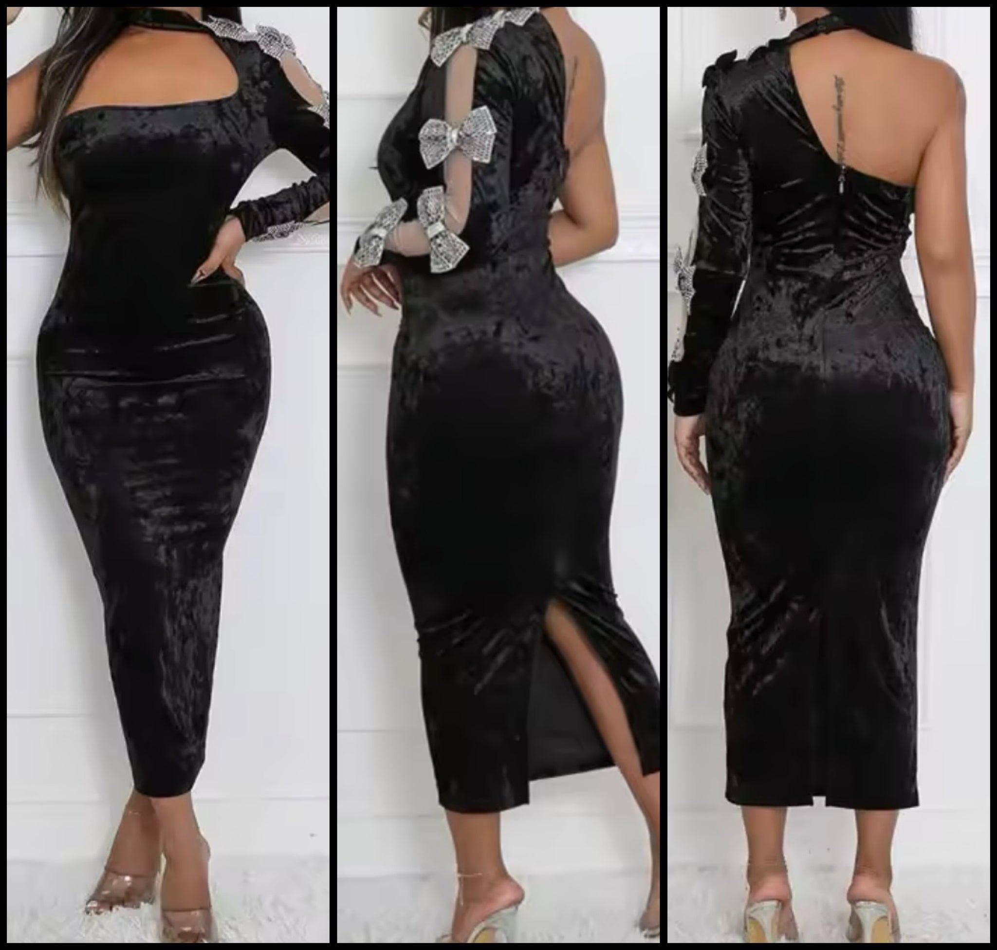 Women Sexy Black Velour Bow One Shoulder Full Sleeve Dress