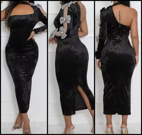 Women Sexy Black Velour Bow One Shoulder Full Sleeve Dress