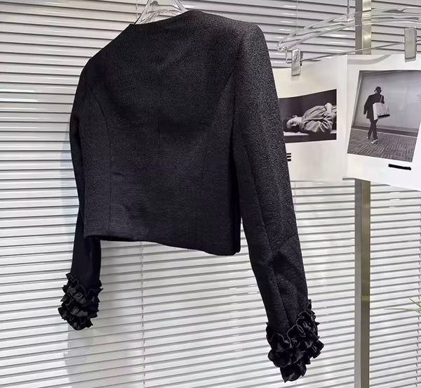 Women Black Floral Fashion Blazer Tweed Two Piece Skirt Set