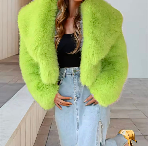 Women Fashion Green Faux Fur Jacket