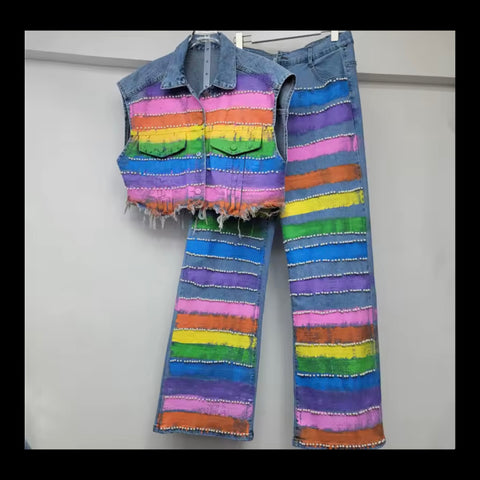 Women Sleeveless Graffiti Pearl Denim Two Piece Pant Set