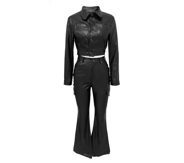 Women Fashion Black Faux Leather Button Up Two Piece Pant Set