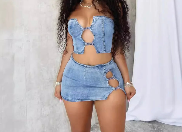 Women Sexy Strapless Crop Two Piece Cut Out Denim Skirt Set