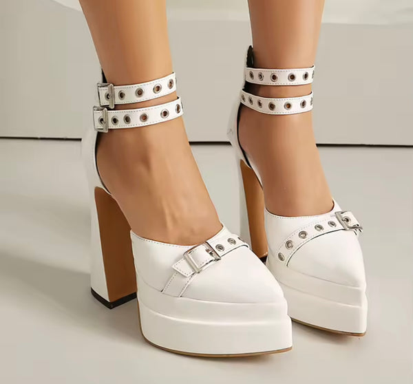 Women Pointed Toe Platform Patent Leather Ankle Strap High Heels