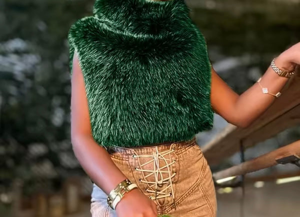 Women Turtleneck Sleeveless Green Fashion Faux Fur Top