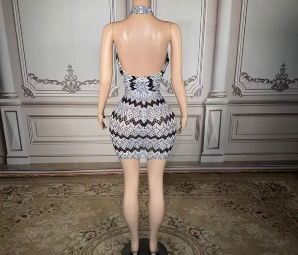 Women Sexy Halter Sleeveless Printed Rhinestone Dress
