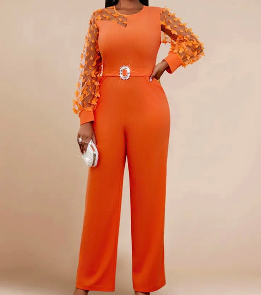 Women Sexy Orange Full Sleeve Belted Wide Leg Jumpsuit