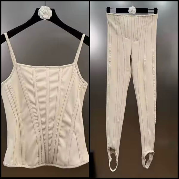 Women Fishbone Sleeveless Camisole Two Piece Pant Set