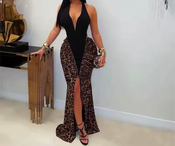Women Sexy Halter Sleeveless Open Back Leopard Maxi Dress