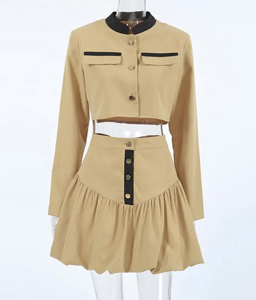 Women Sexy Fashion Full Sleeve Khaki Two Piece Skirt Set