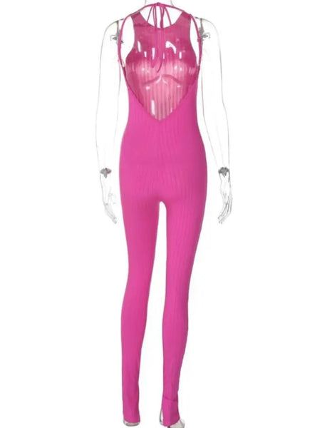 Women Pink Sexy Sleeveless Open Back Jumpsuit