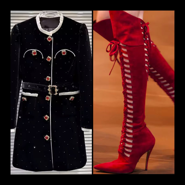 Women Color Fashion Pointed Toe Tie Up Suede Knee High Boots