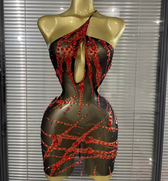 Women Sexy Halter Sleeveless Open Back Red Rhinestone Dress
