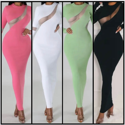 Women Sexy Mesh Patchwork Solid Color Full Sleeve Maxi Dress