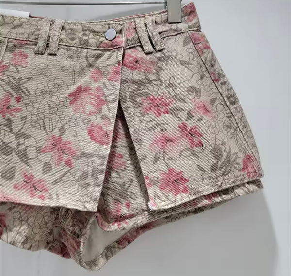Women Fashion Khaki Floral Denim Wrap Skirt