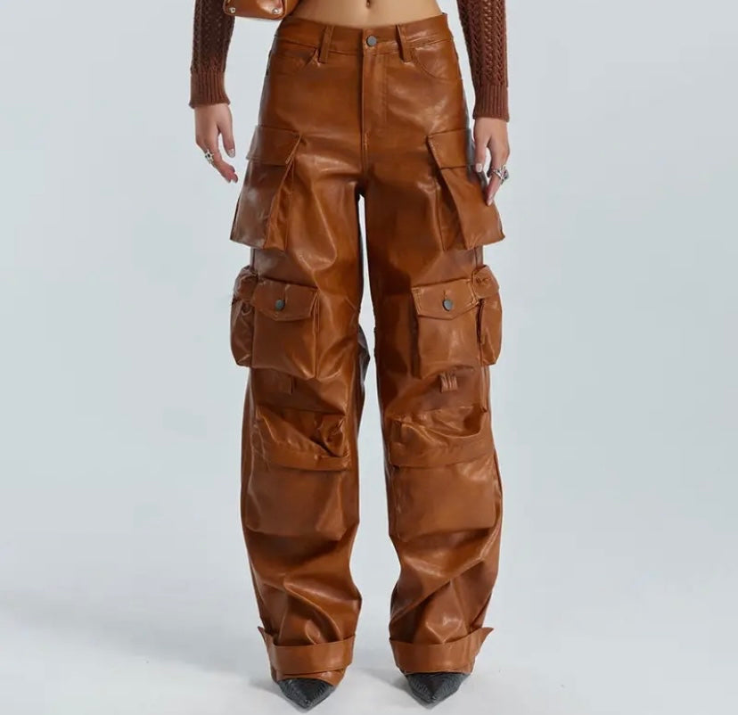 Women Fashion Faux Leather Cargo Pants