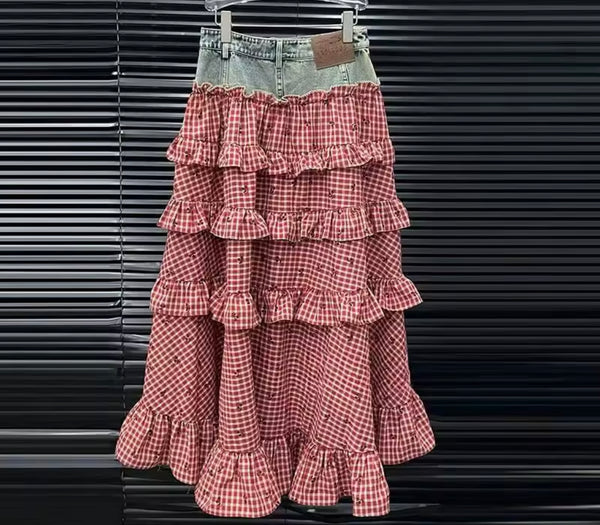 Women Red Plaid Denim Patchwork Two Piece Maxi Skirt Set
