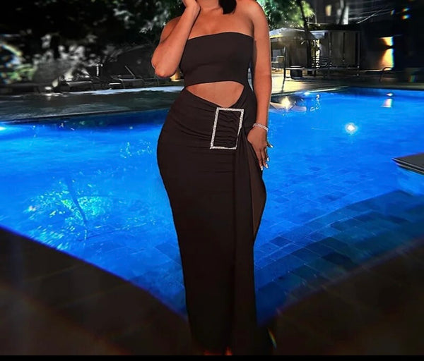 Women Black Strapless Cut Out Bling Buckled Sexy Maxi Dress