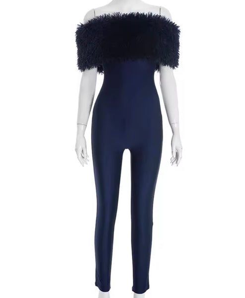 Women Fashion Fur Strapless Jumpsuit
