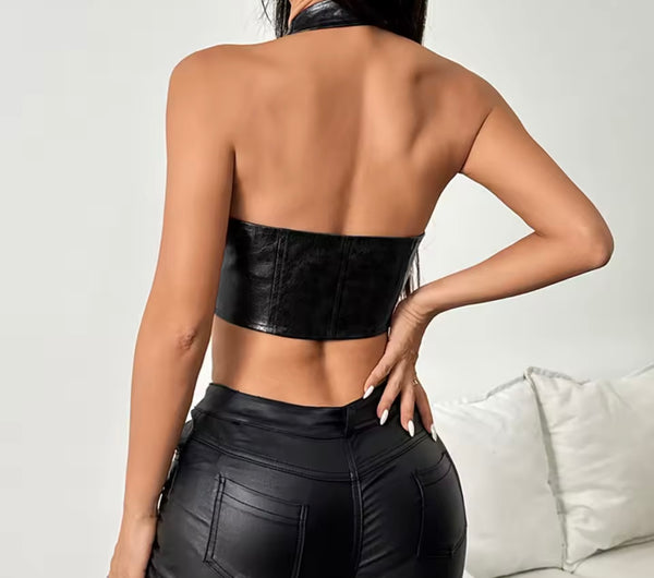 Women Sexy Fashion Faux Leather Halter Lace Up Top