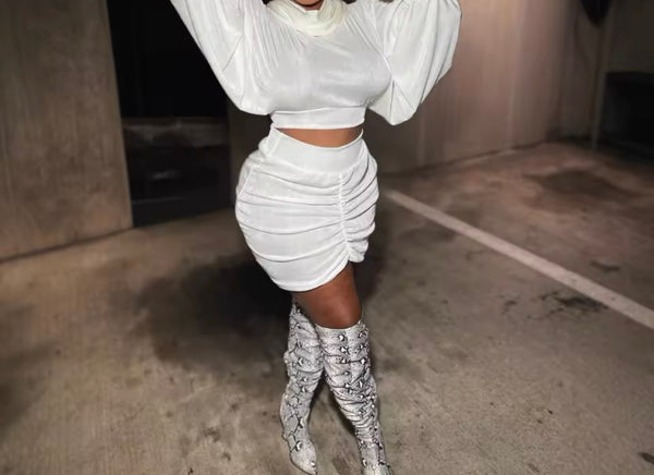 Women White Sexy Hooded Ruched Full Sleeve Two Piece Skirt Set