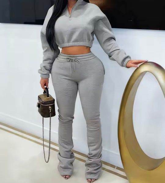 Women Fashion Zip Up Full Sleeve Crop Sweater Two Piece Pant Set