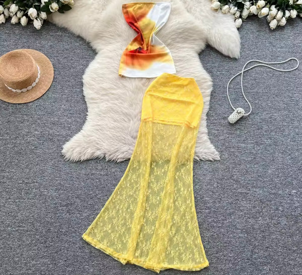 Women Sexy Printed Strapless Yellow Two Piece Lace Maxi Skirt Set