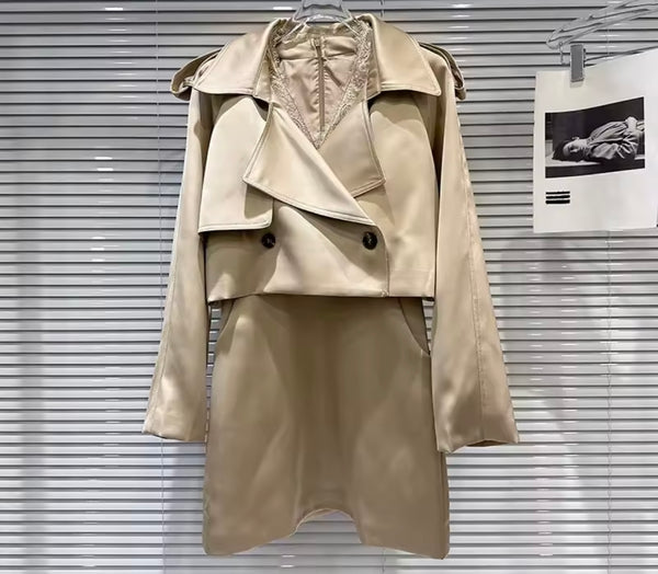 Women Fashion Khaki Sleeveless Dress Two Piece Jacket Set