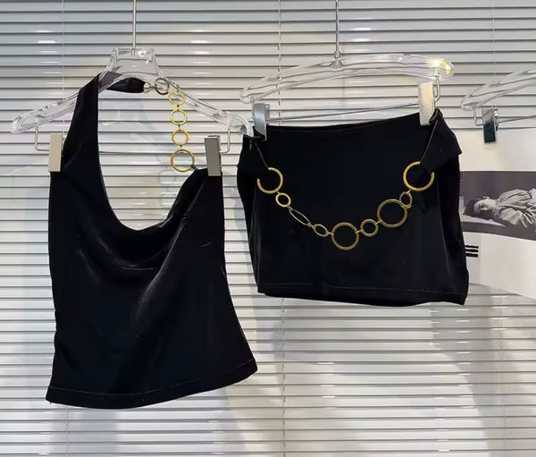 Women Sexy Black Velour Chain Halter Two Piece Skirt Set