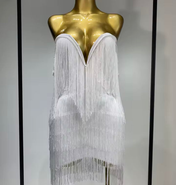 Women Sexy Strapless Solid Color Fringe Tassel Dress