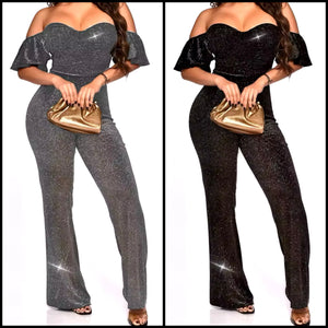 Women Sexy Sparkly Off The Shoulder Short Sleeve Two Piece Pant Set
