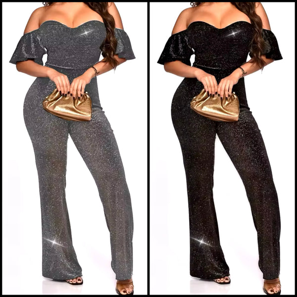 Women Sexy Sparkly Off The Shoulder Short Sleeve Two Piece Pant Set