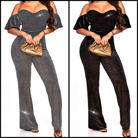 Women Sexy Sparkly Off The Shoulder Short Sleeve Two Piece Pant Set