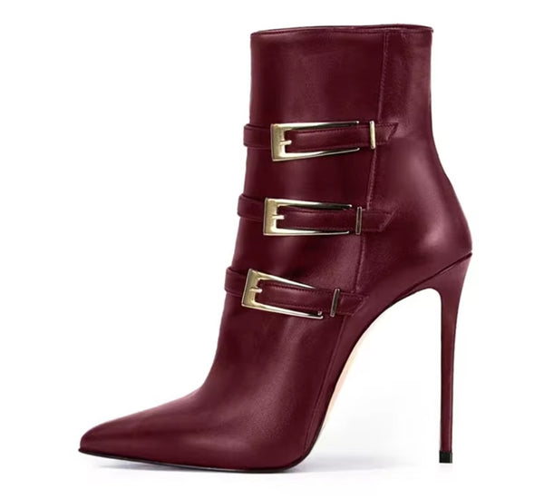 Women Fashion Pointed Toe Faux Leather Triple Buckle Ankle Boots