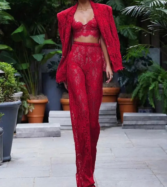 Women Sexy Fashion Lace Three Piece Pant Set