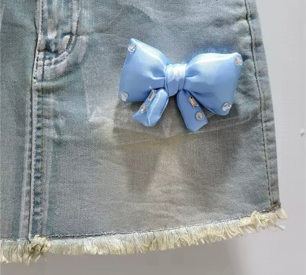 Women Fashion Metallic Bling 3D Bow Denim Skirt