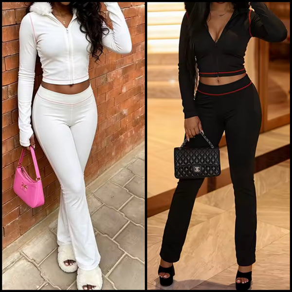 Women Fur Hooded Zip Up Two Piece Tracksuit Pant Set