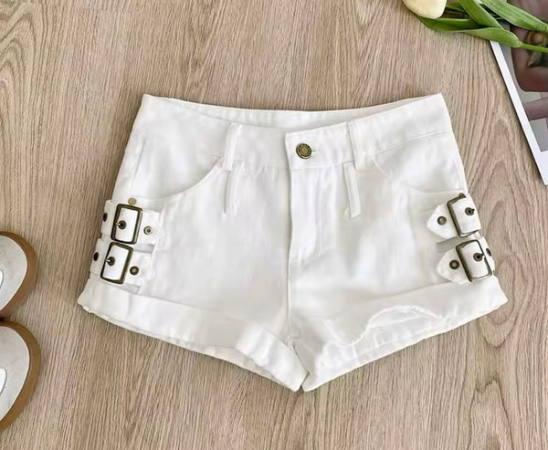 Women Fashion Color Buckled Denim Shorts