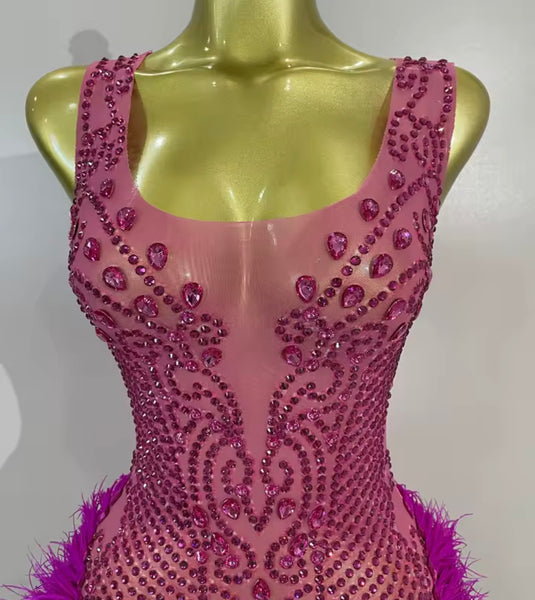 Women Sexy Sleeveless Pink Feather Rhinestone Dress
